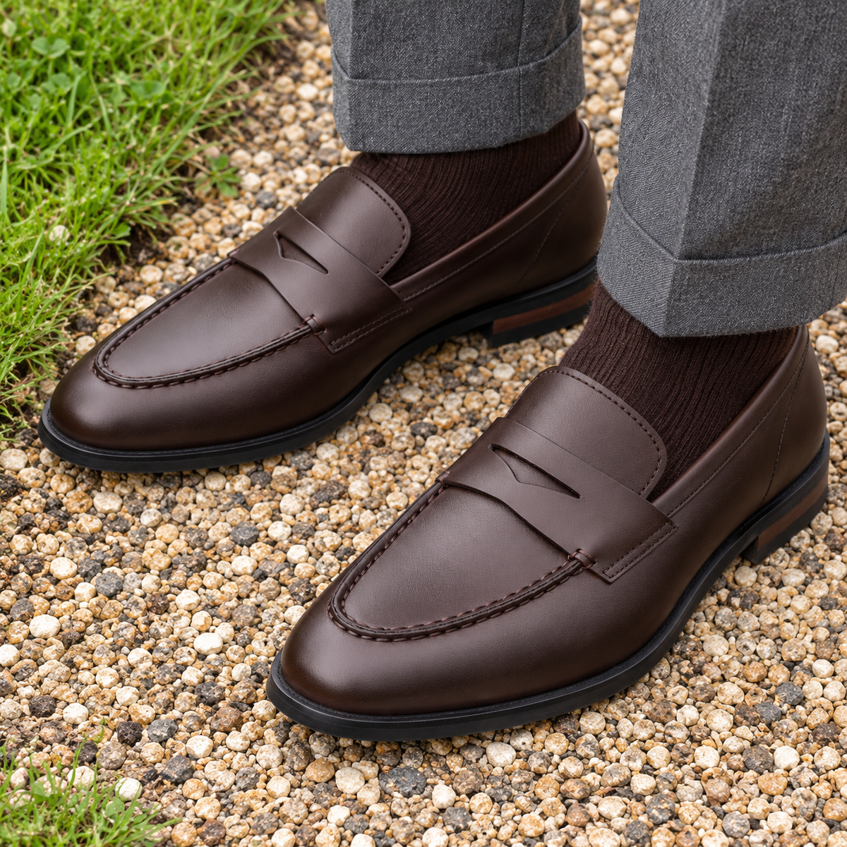 Brown ALBANY calf leather penny loafers showing the penny strap and apron stitching on a park path