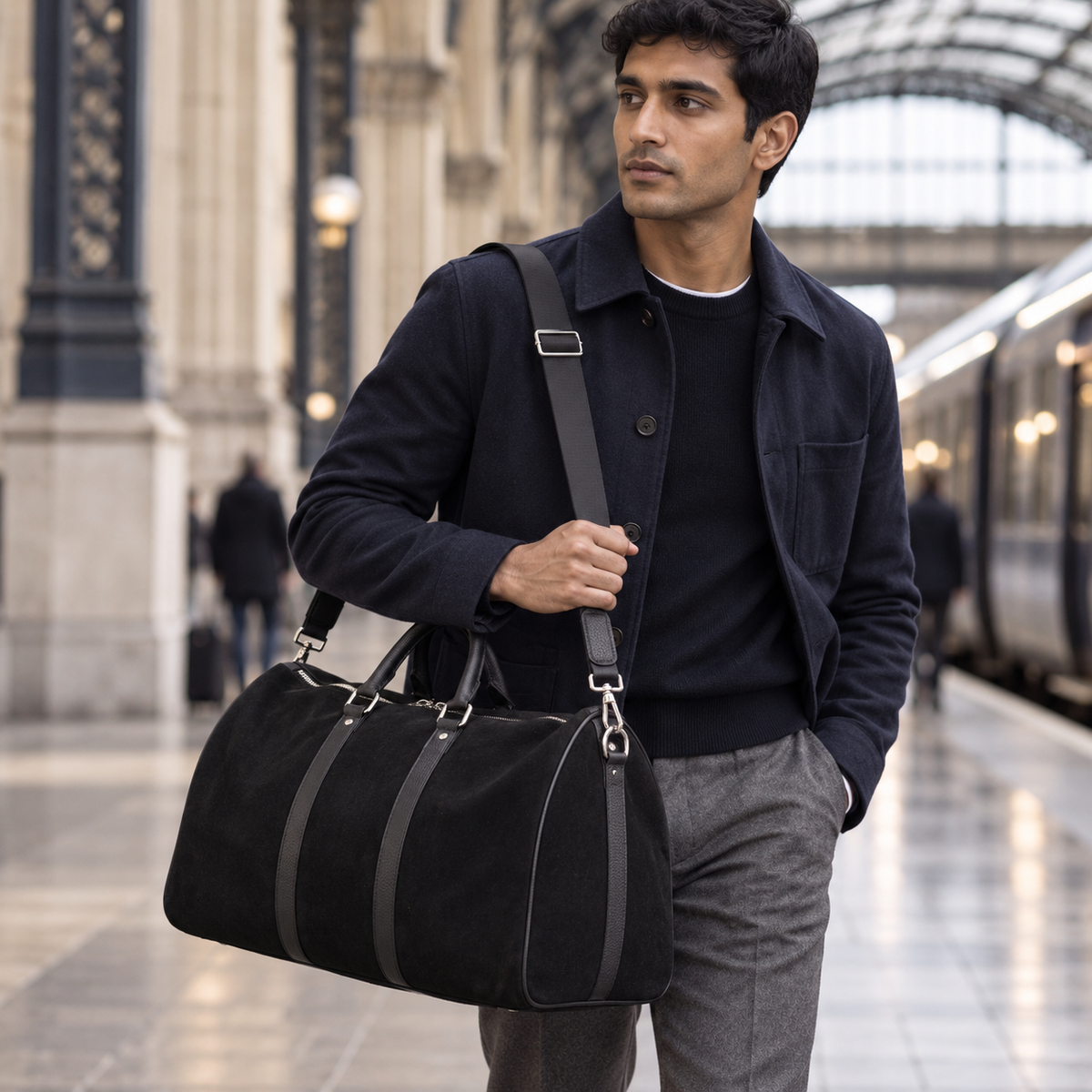 Model wearing the black QUIVE London FITZROVIA suede leather weekender at a London station