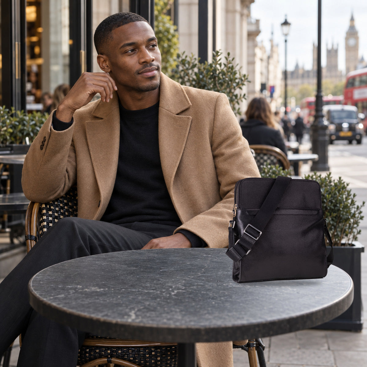 Model with the black QUIVE London PORTMAN leather crossbody bag at a London cafe