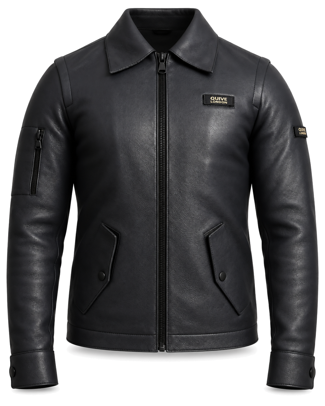 SLOANE men's black full-grain leather utility jacket front view on a pure white background