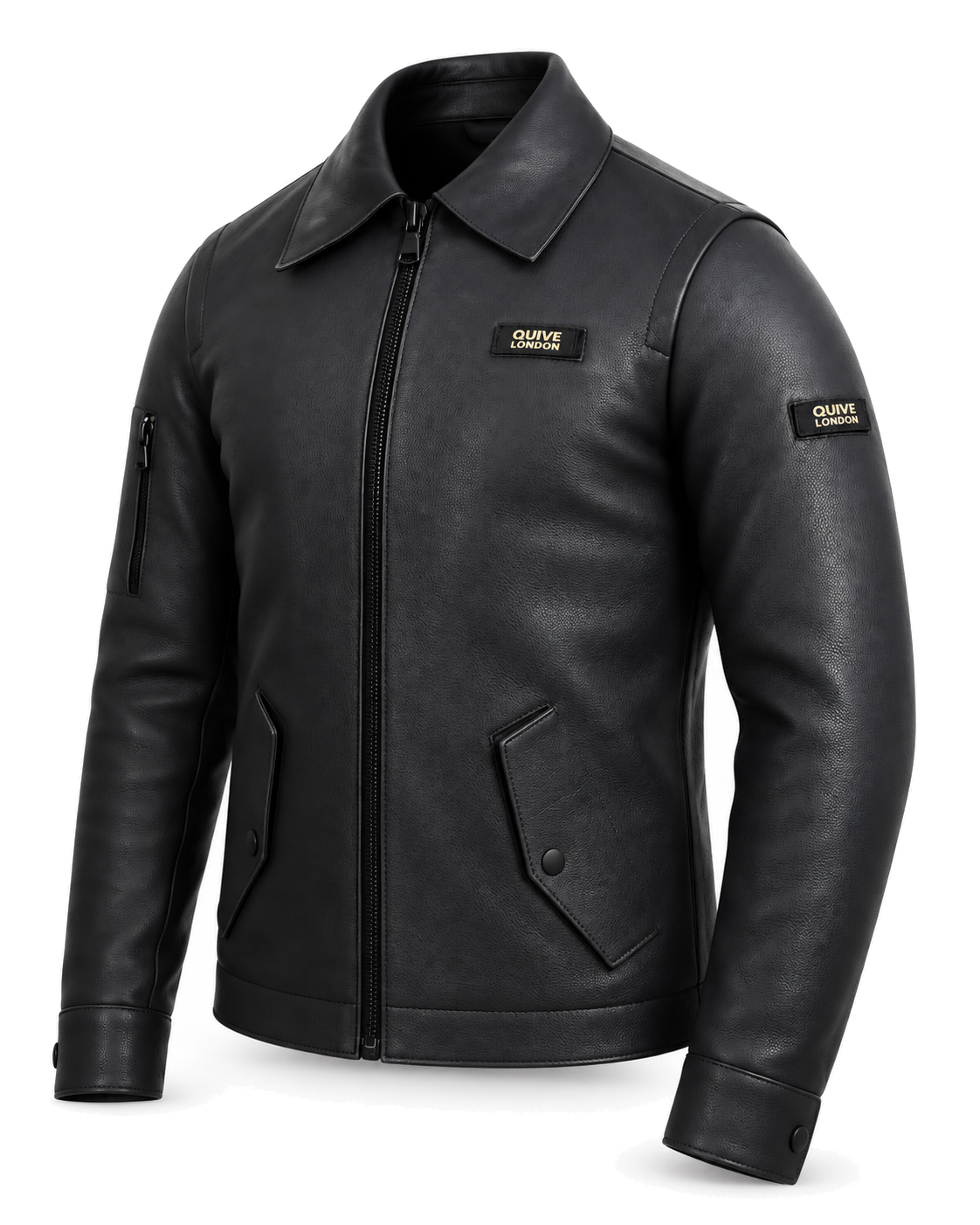 SLOANE men's black leather jacket three-quarter view showing the sleeve zip pocket on a pure white background