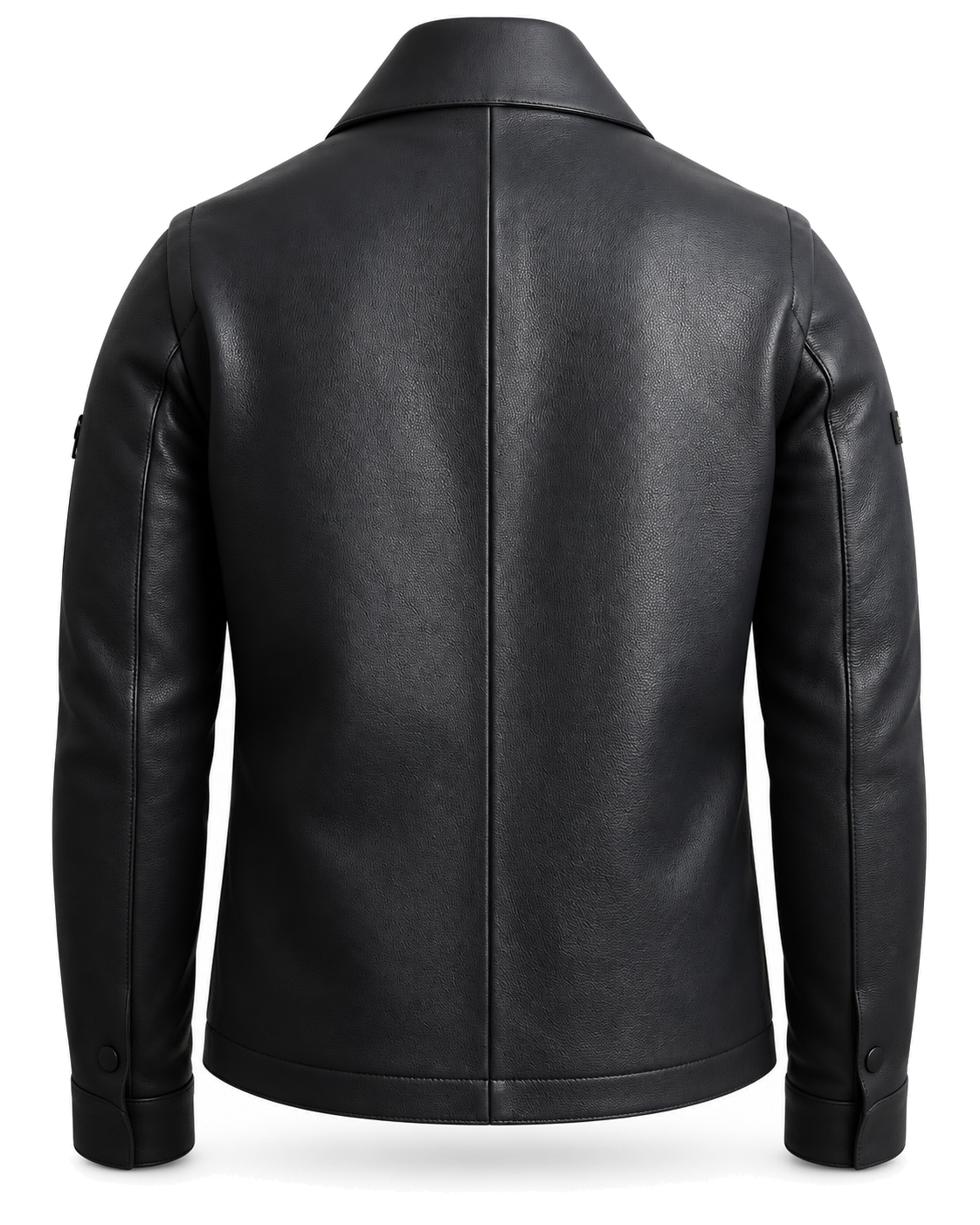 SLOANE men's black full-grain leather jacket rear view showing the centre-back seam on a pure white background