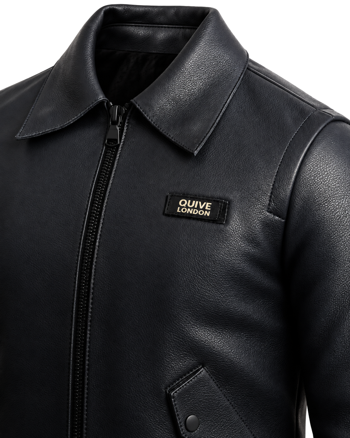 SLOANE black leather jacket collar, front zip and QUIVE London badge detail on a pure white background