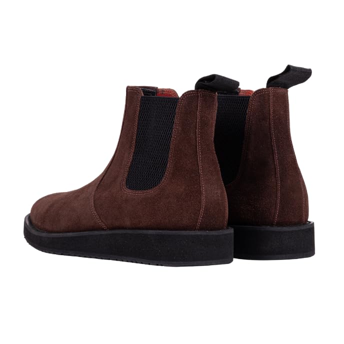 QUIVE London Mayfair brown suede Chelsea boots rear three-quarter view
