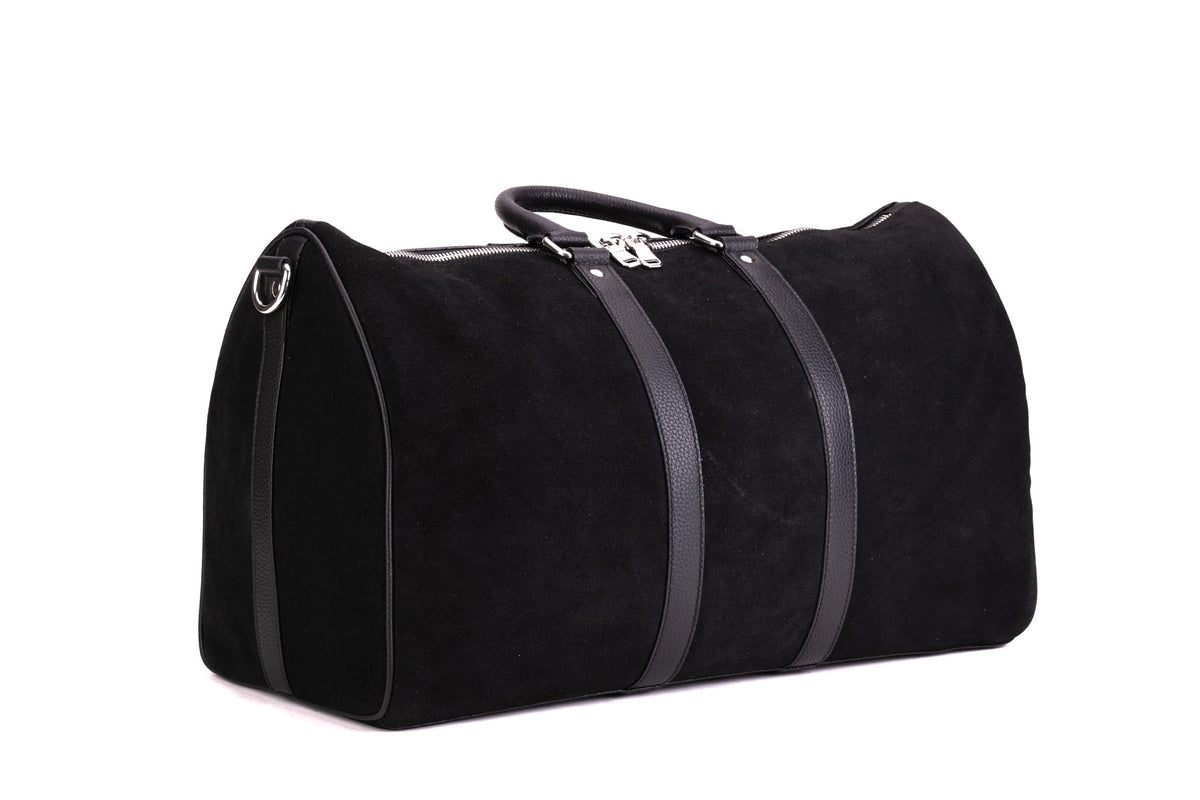 FITZROVIA black suede leather weekender bag side profile