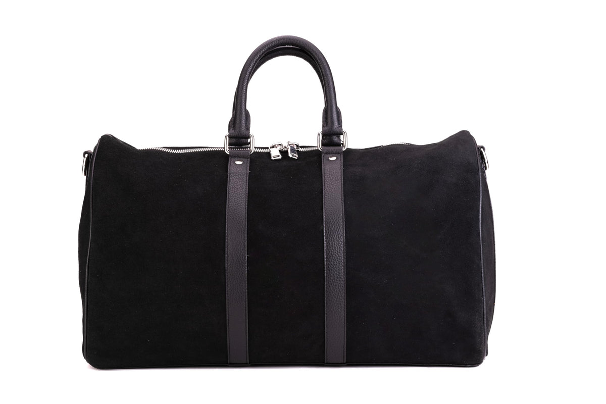 FITZROVIA black suede leather holdall front view with twin handles