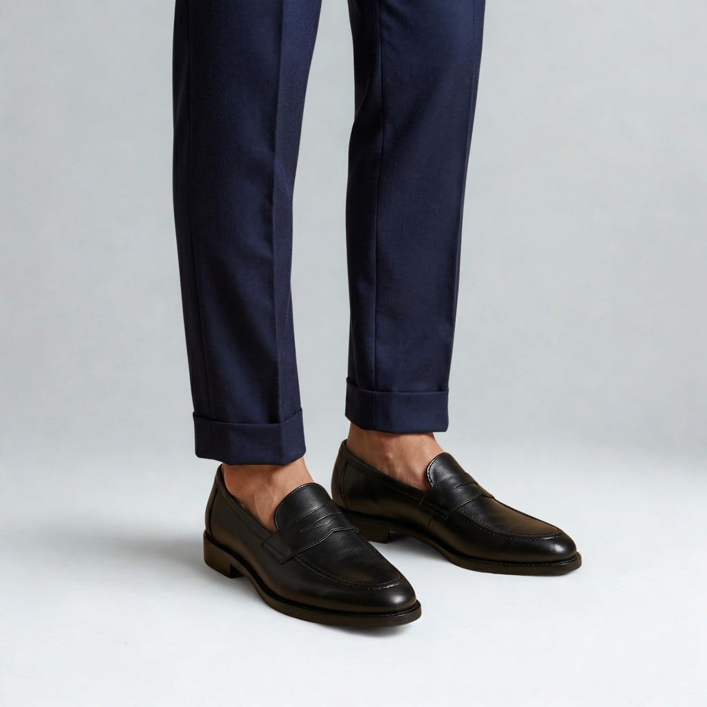 Men's Ventor leather penny loafers styled with smart trousers