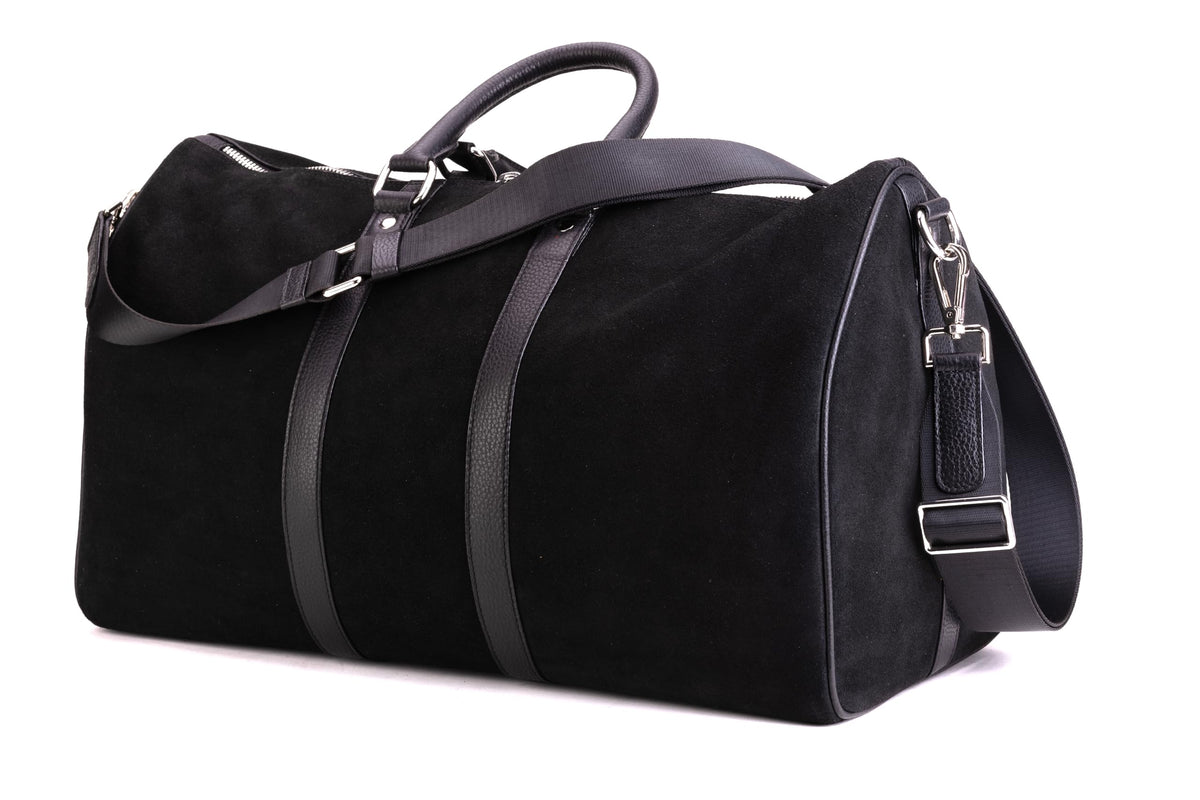 FITZROVIA black suede holdall rear and side view with shoulder strap