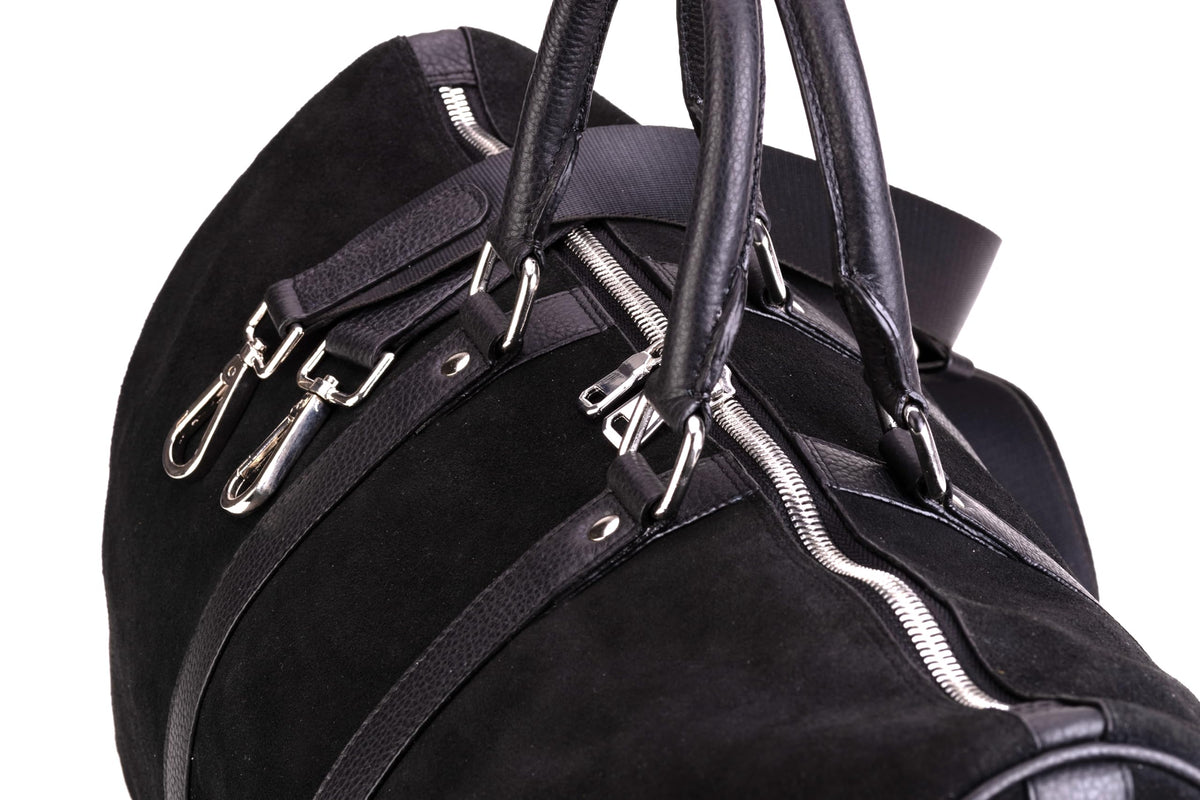 FITZROVIA black suede holdall zip closure and silver-tone hardware detail