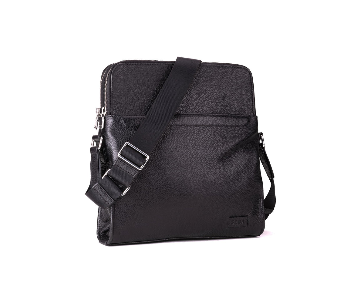 QUIVE London PORTMAN black full-grain calf leather crossbody bag front view