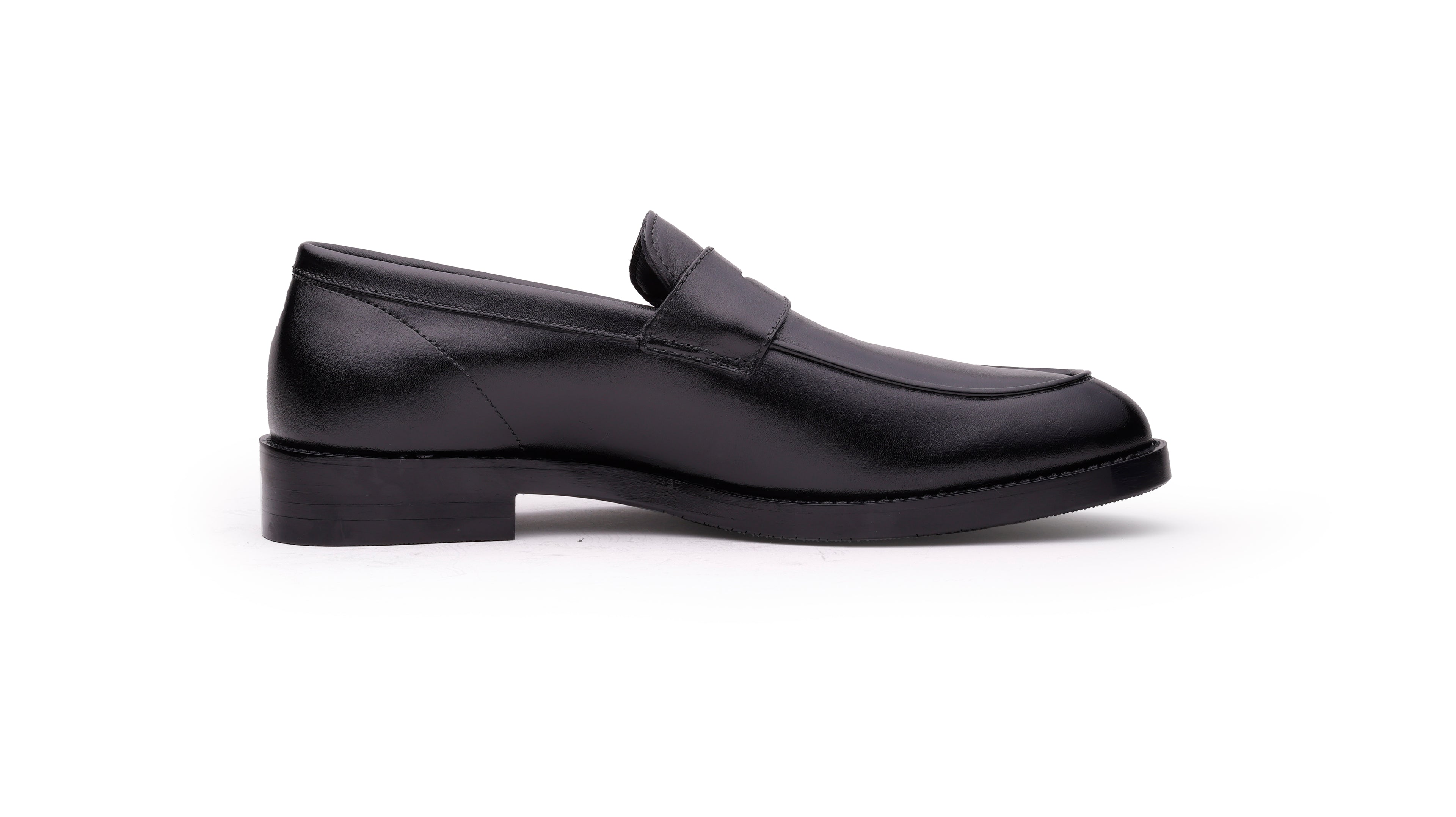 QUIVE London Bending men's black leather penny loafers side view