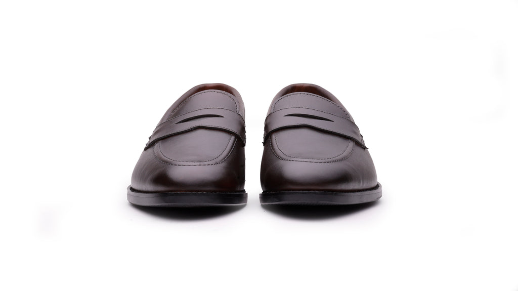 Front view of Ventor men's brown leather penny loafers