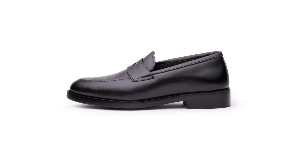 Ventor black leather penny loafer side profile by QUIVE London