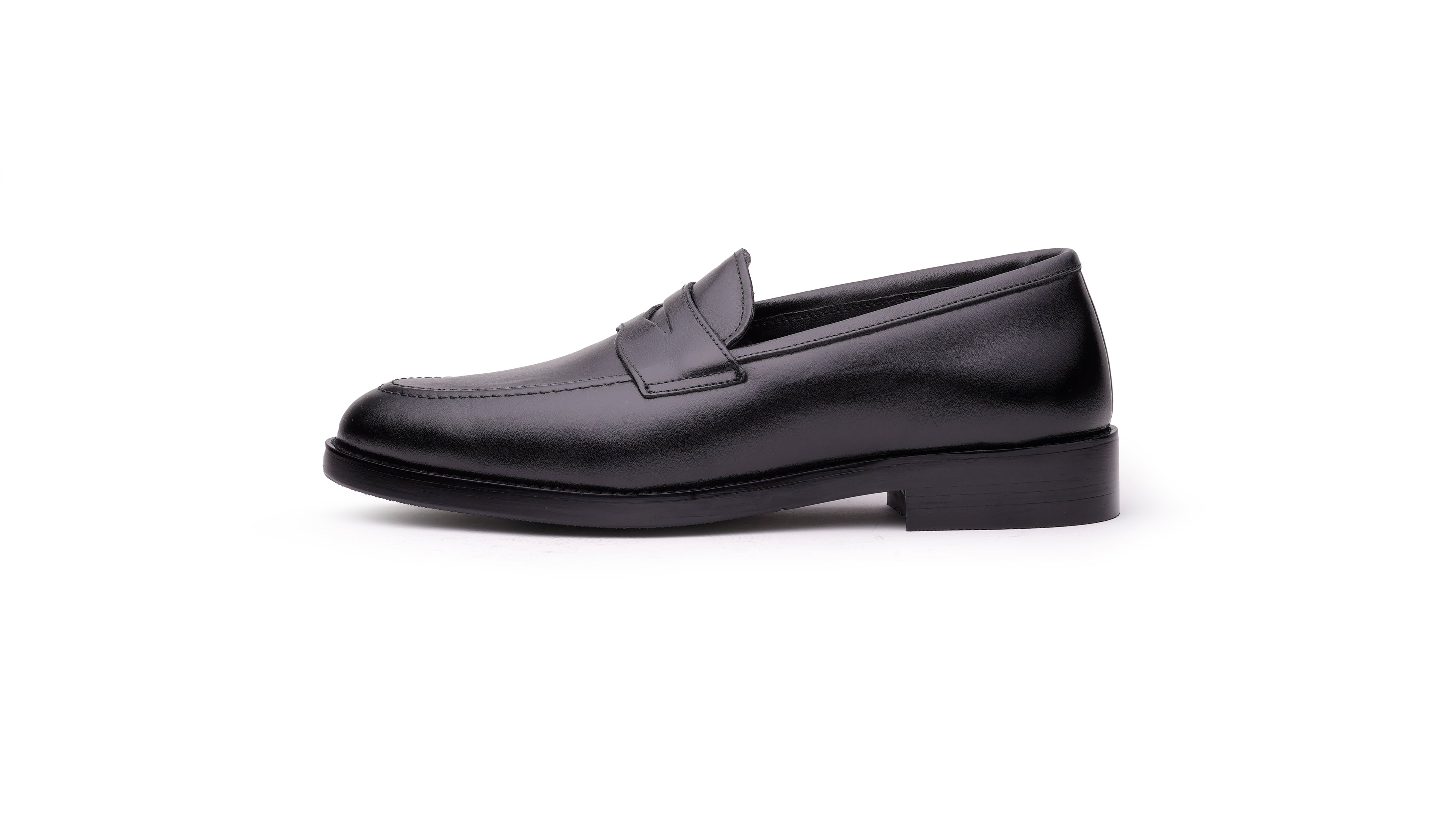 Ventor black leather penny loafer side profile by QUIVE London