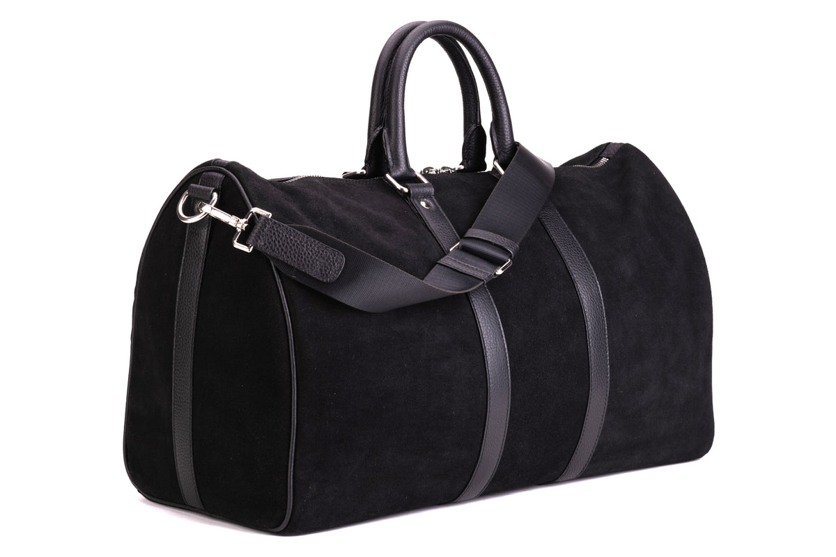 FITZROVIA black suede weekender bag with detachable shoulder strap