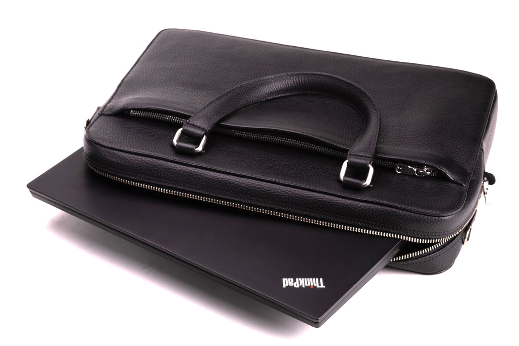 CAVENDISH leather laptop briefcase shown with 14-inch laptop