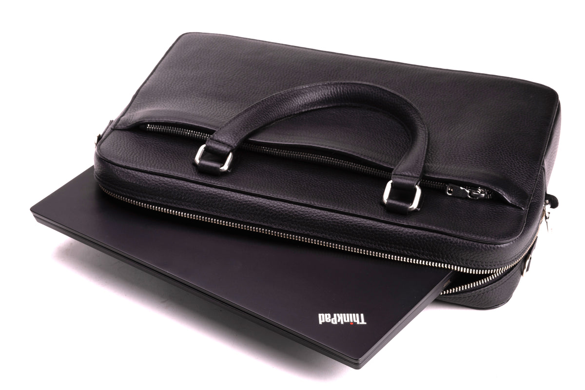 CAVENDISH leather laptop briefcase shown with 14-inch laptop