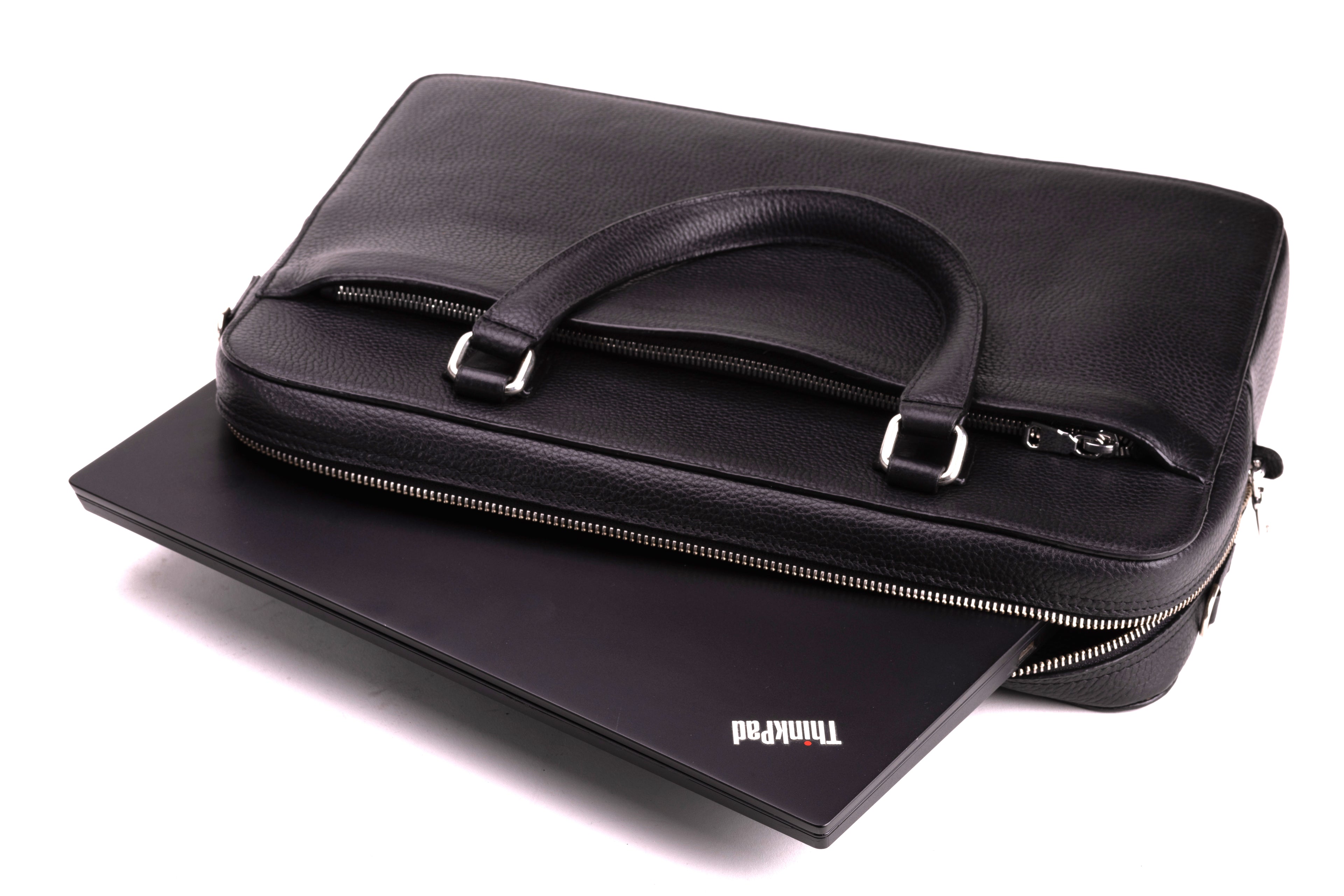 CAVENDISH leather laptop briefcase shown with 14-inch laptop