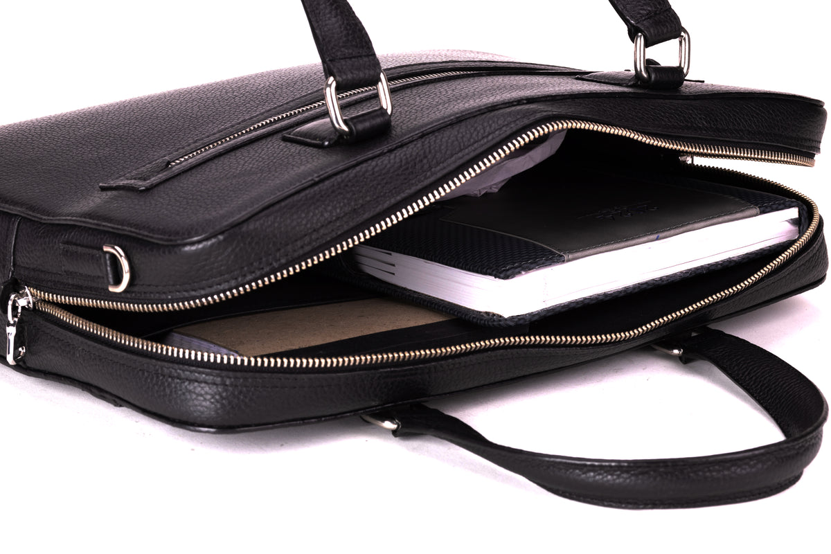 CAVENDISH black leather laptop bag open showing organised interior compartments