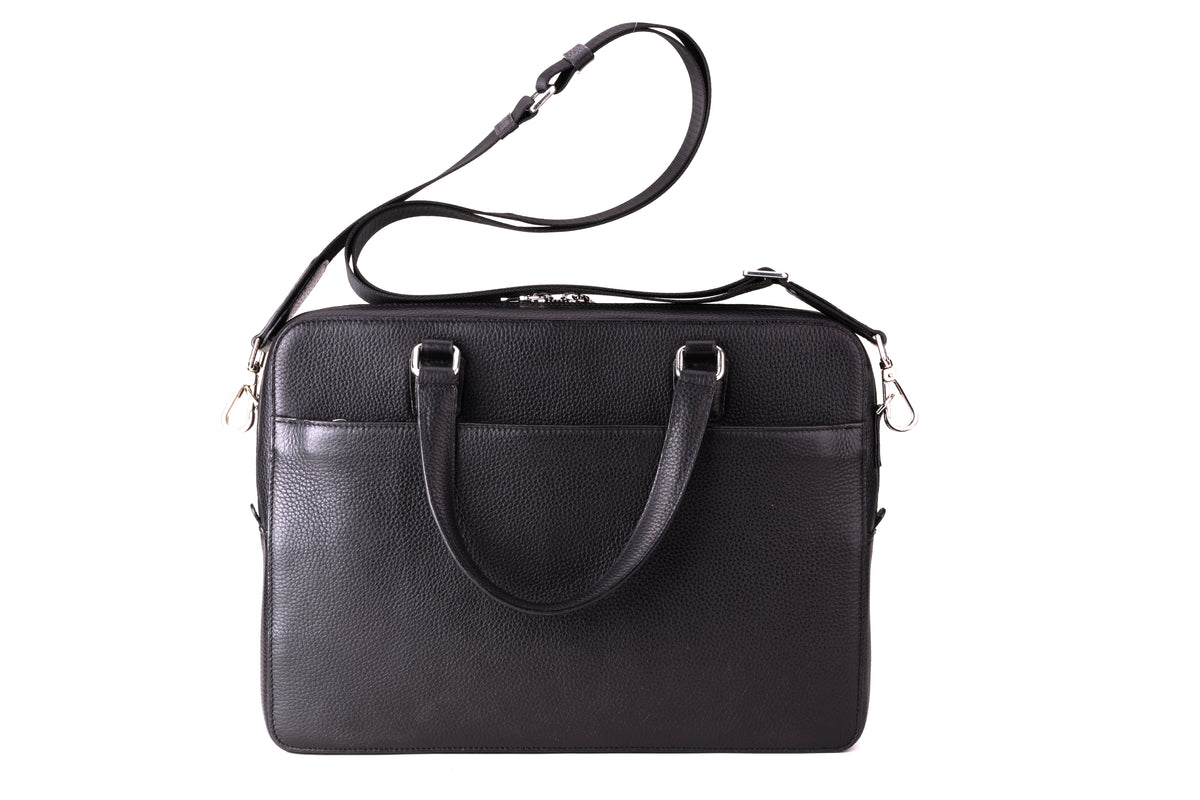 CAVENDISH black leather laptop bag angled view with detachable shoulder strap