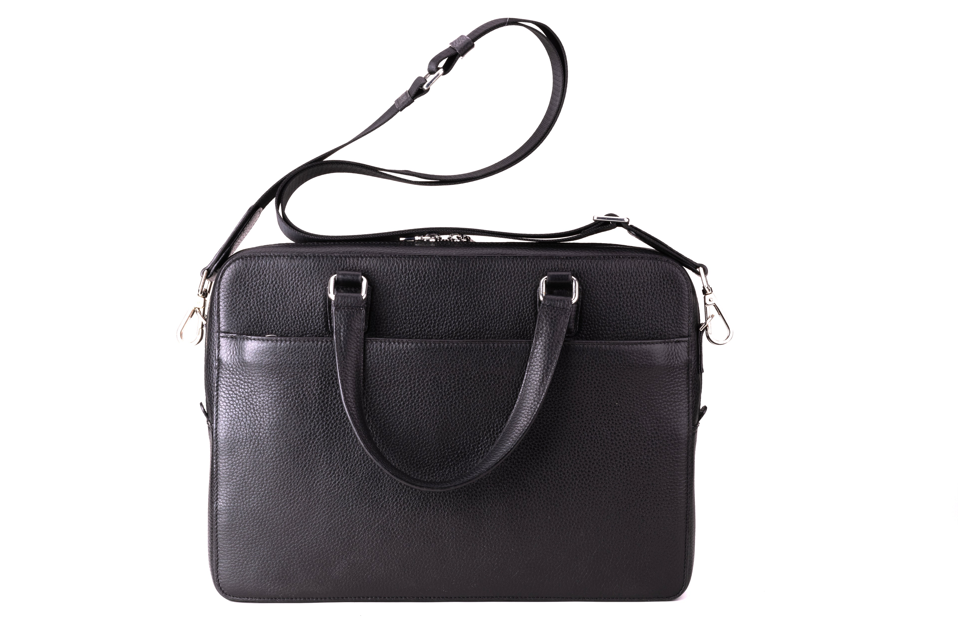 CAVENDISH black leather laptop bag angled view with detachable shoulder strap