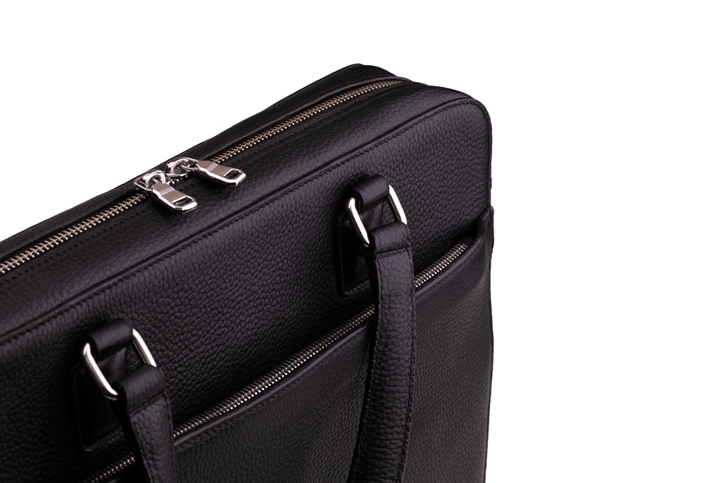 CAVENDISH black leather laptop briefcase twin handles and zip closure detail