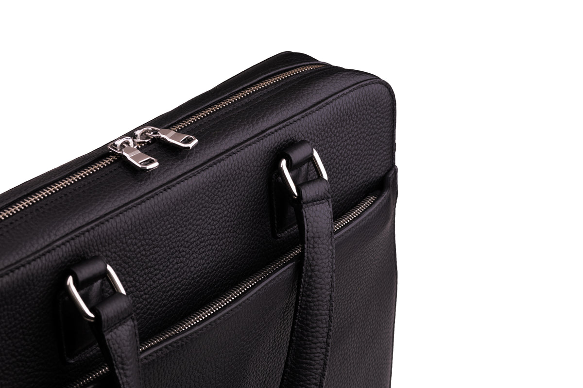 CAVENDISH black leather laptop briefcase twin handles and zip closure detail