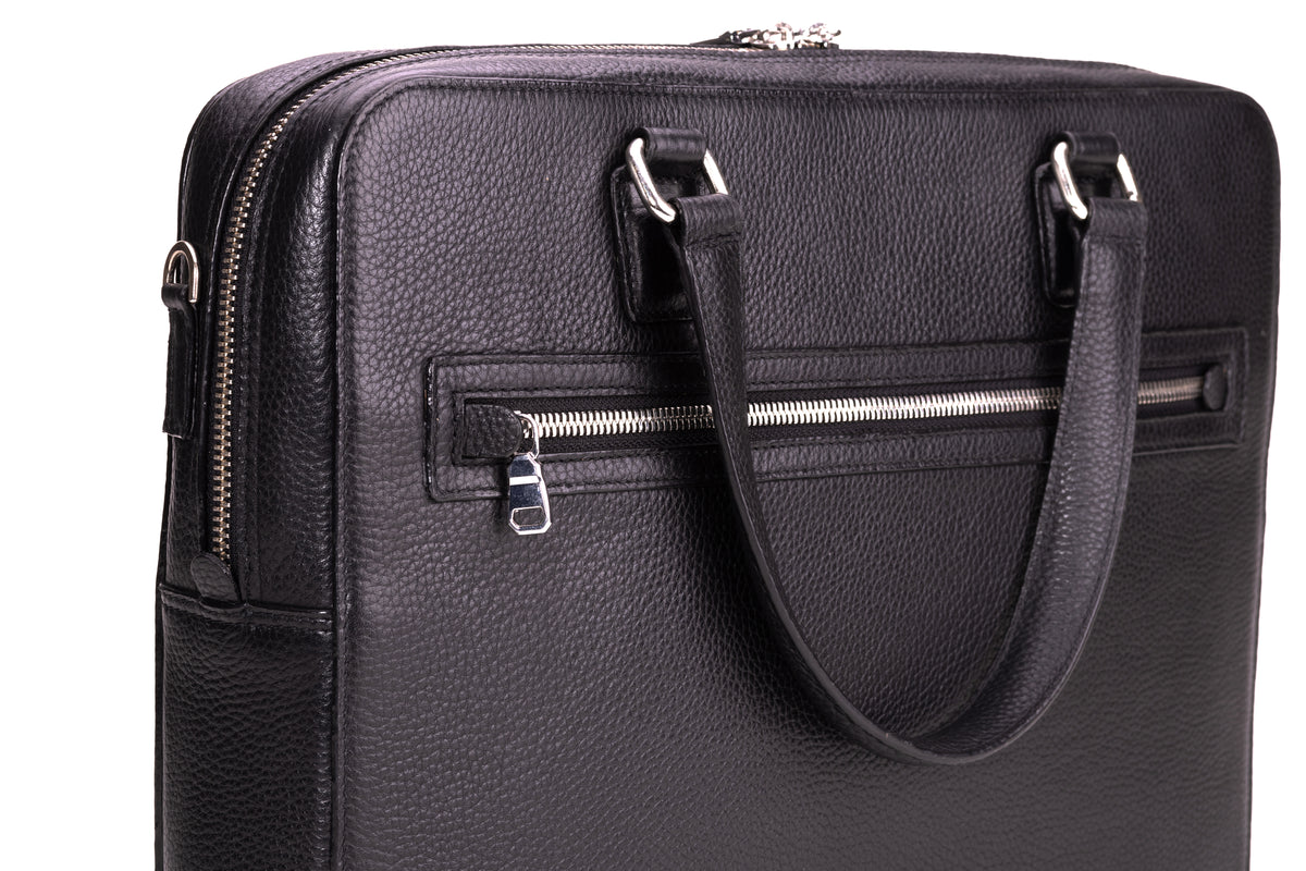 CAVENDISH black leather laptop briefcase with front zip pocket and twin handles