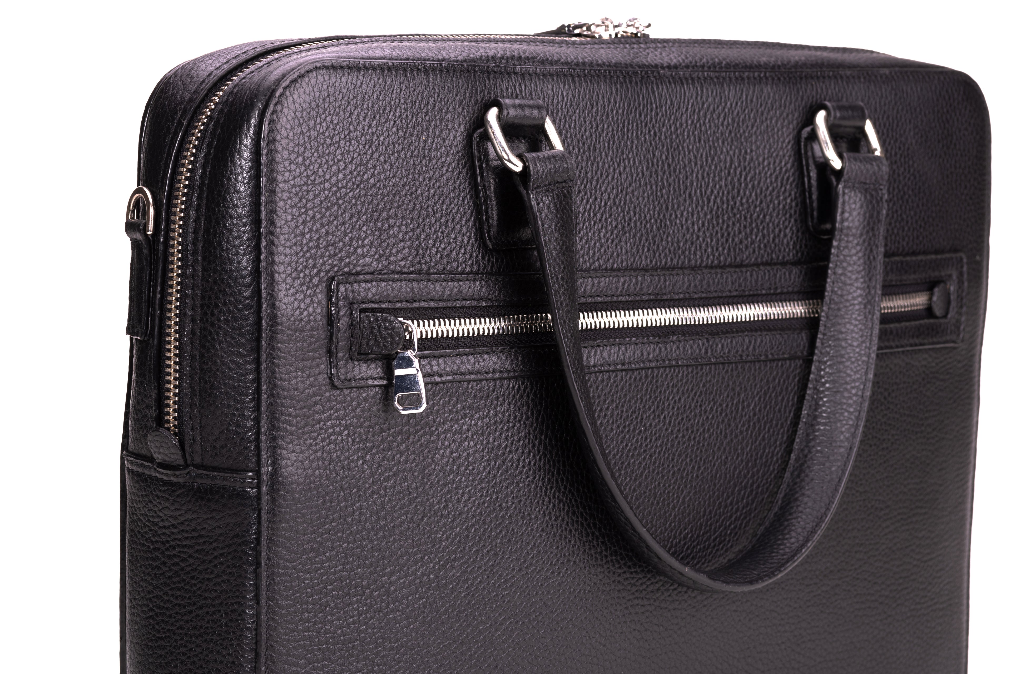 CAVENDISH black leather laptop briefcase with front zip pocket and twin handles