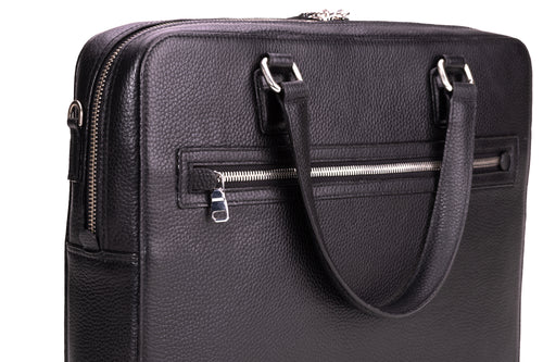 CAVENDISH black leather laptop briefcase with front zip pocket and twin handles