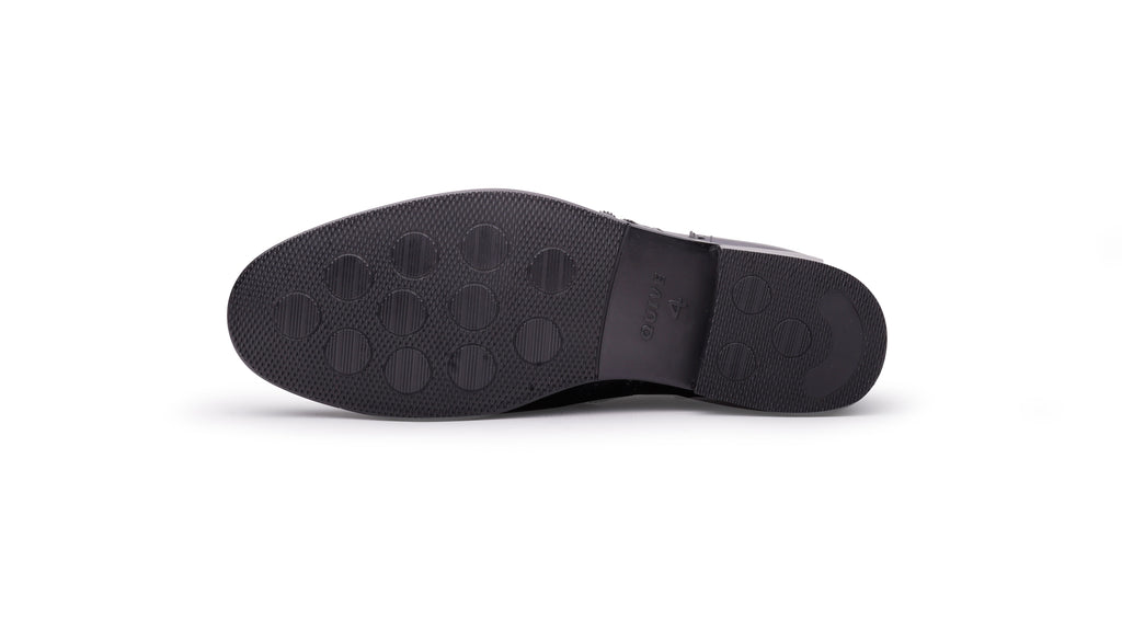 Rubber outsole of QUIVE London Kensington men's black leather Derby shoe