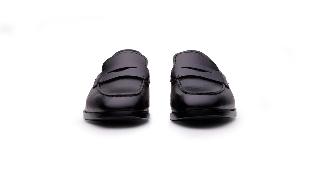 QUIVE London Perth black leather penny loafers front view