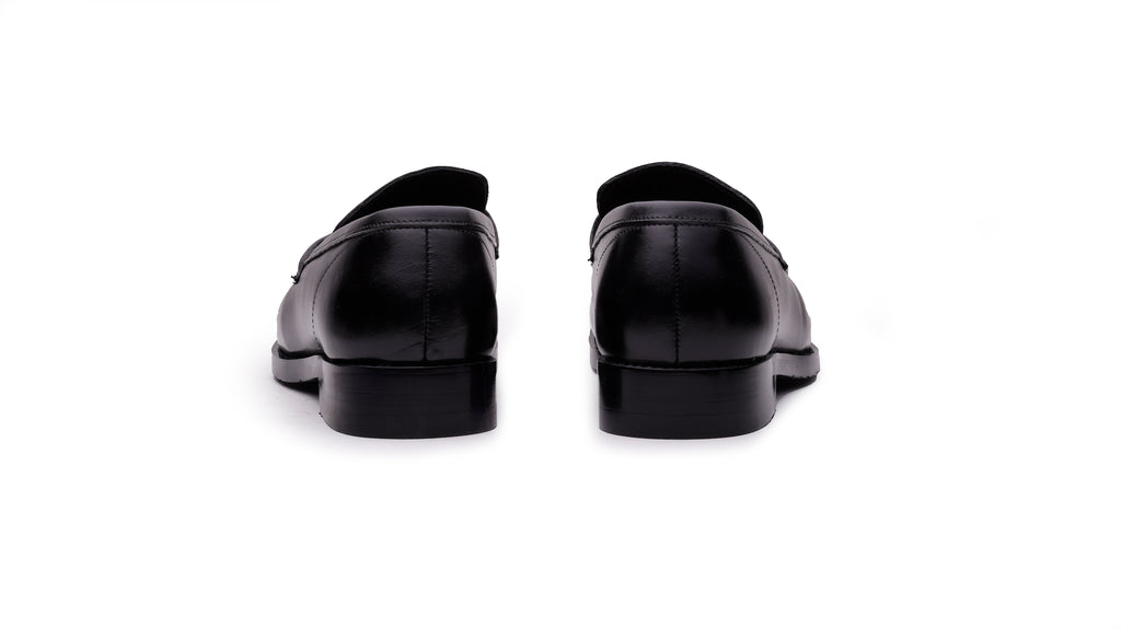 QUIVE London Perth black leather penny loafers rear view
