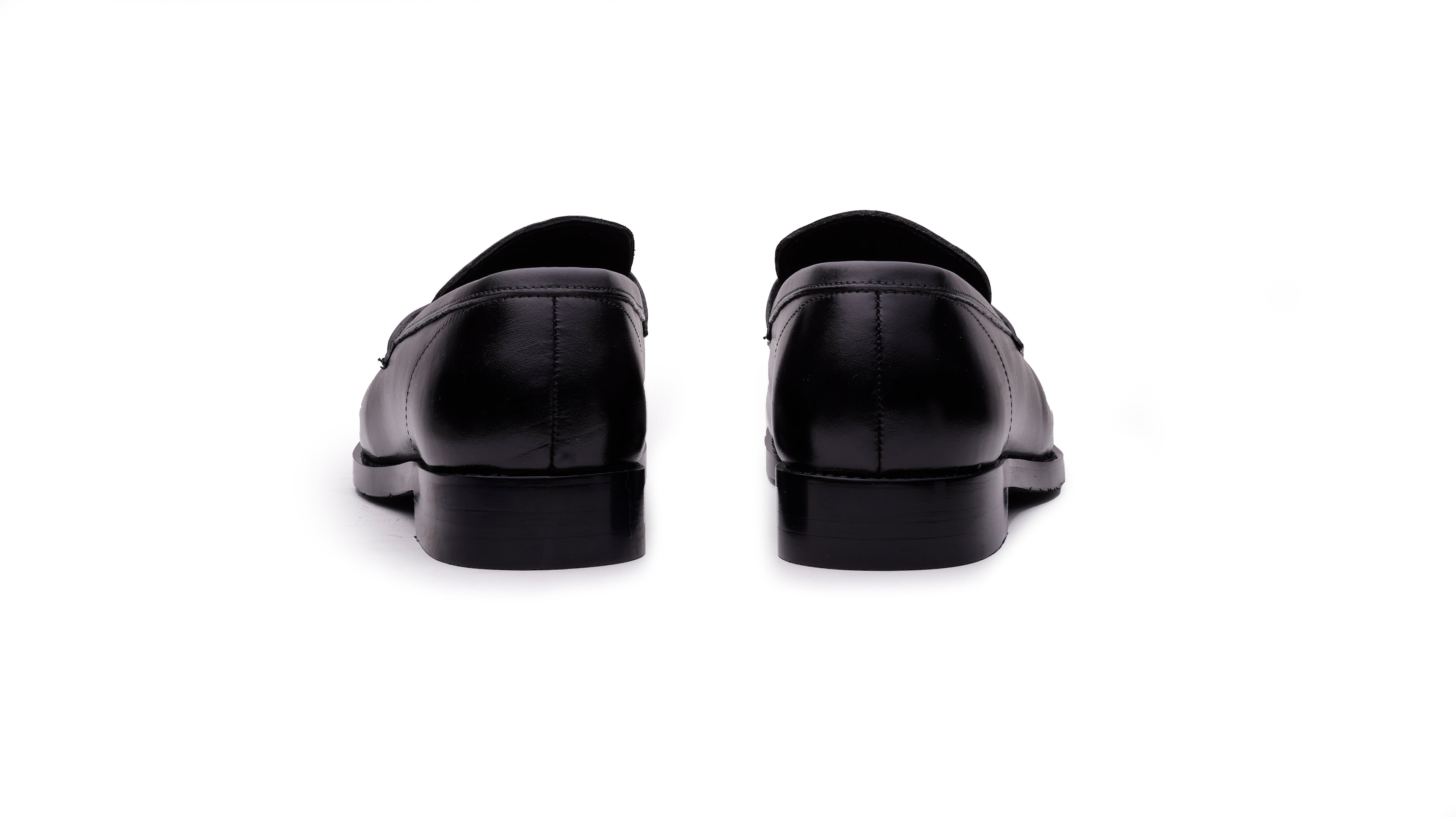 QUIVE London Perth black leather penny loafers rear view