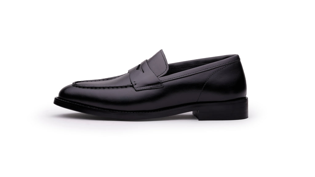 QUIVE London Perth black leather penny loafers side view