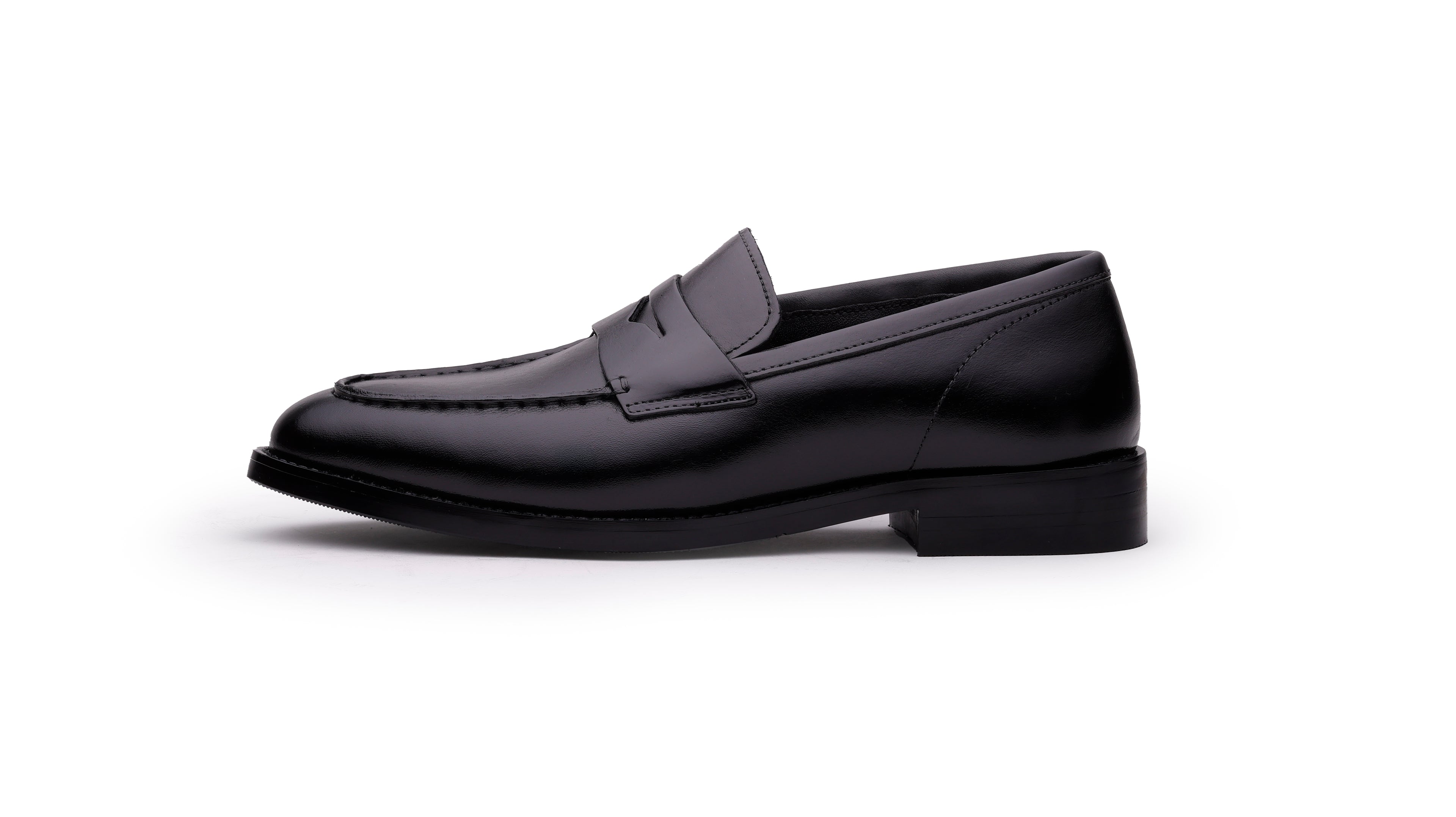 QUIVE London Perth black leather penny loafers side view