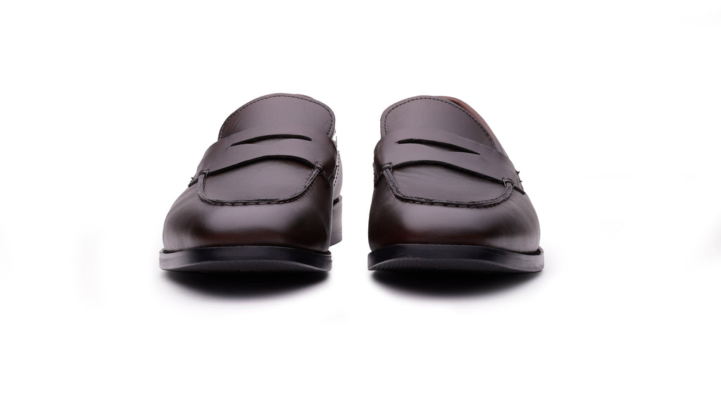 QUIVE London Perth brown leather penny loafers front view