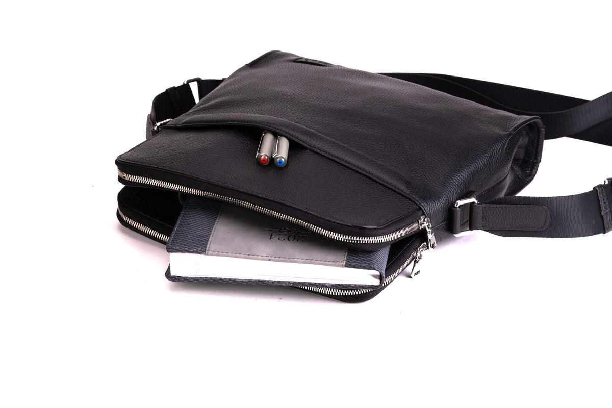 PORTMAN leather crossbody bag open compartments with notebook and everyday essentials