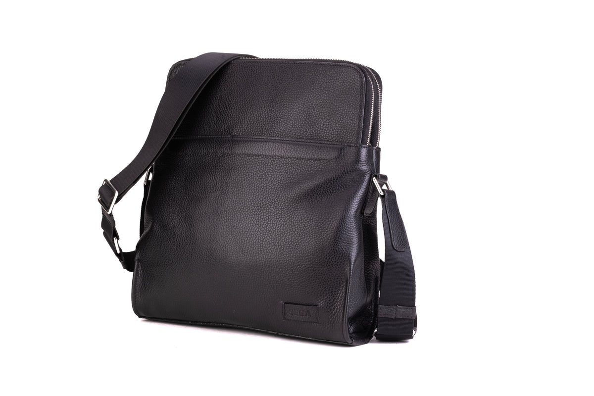 PORTMAN black leather crossbody bag angled side view