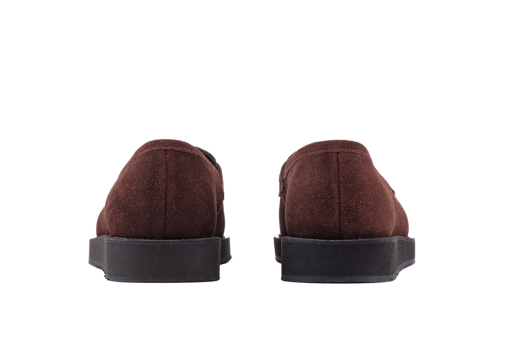 QUIVE London Cambridge brown suede loafers rear view