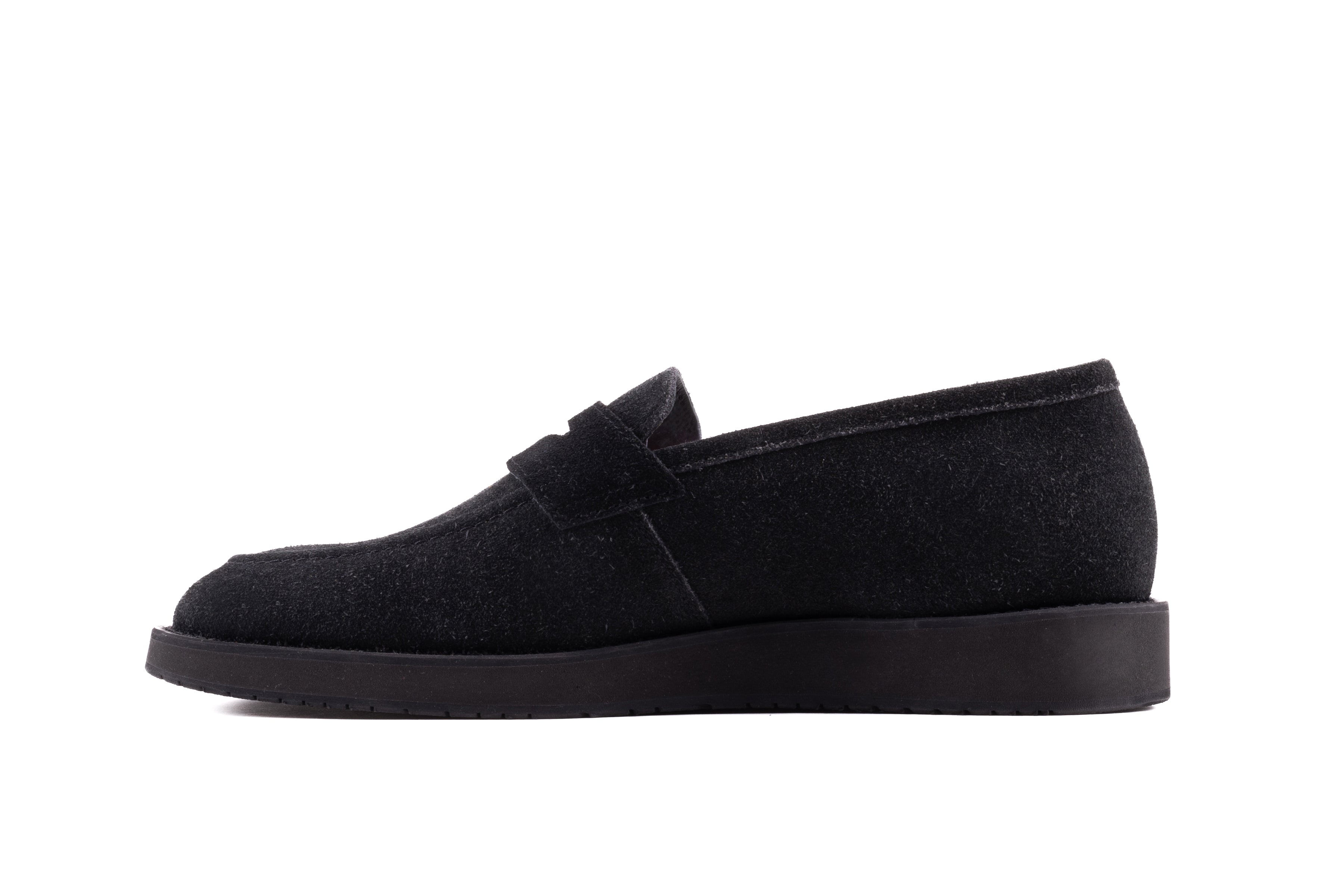 QUIVE London Cambridge black suede loafer side view