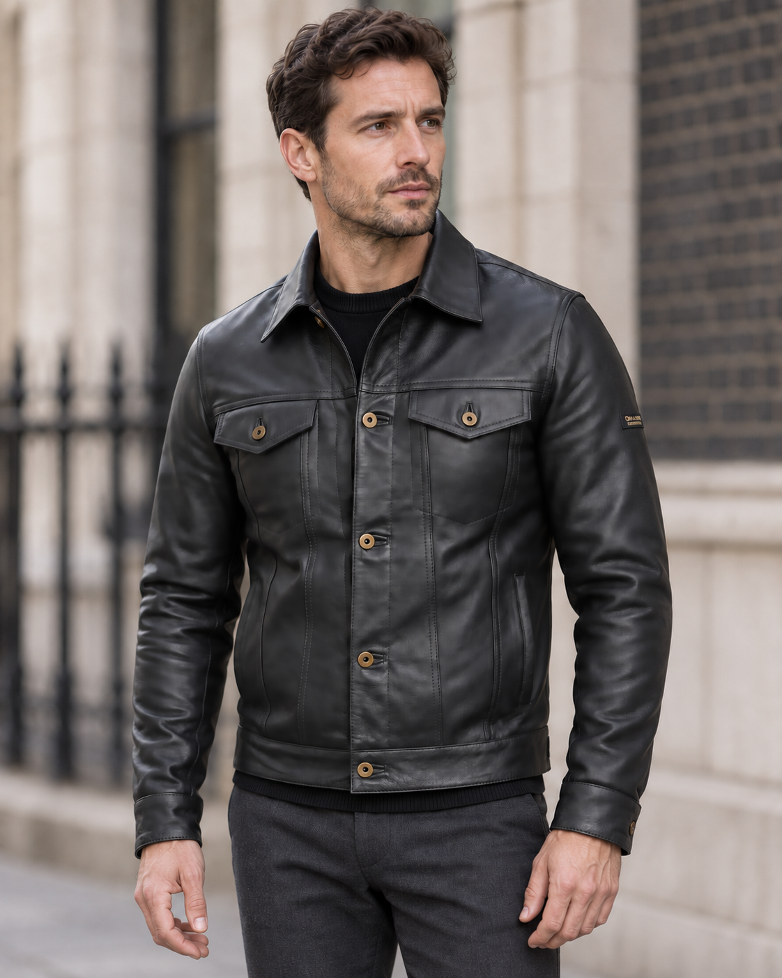 Male model wearing the BELGRAVE black full-grain sheepskin leather jacket in a softly blurred London setting