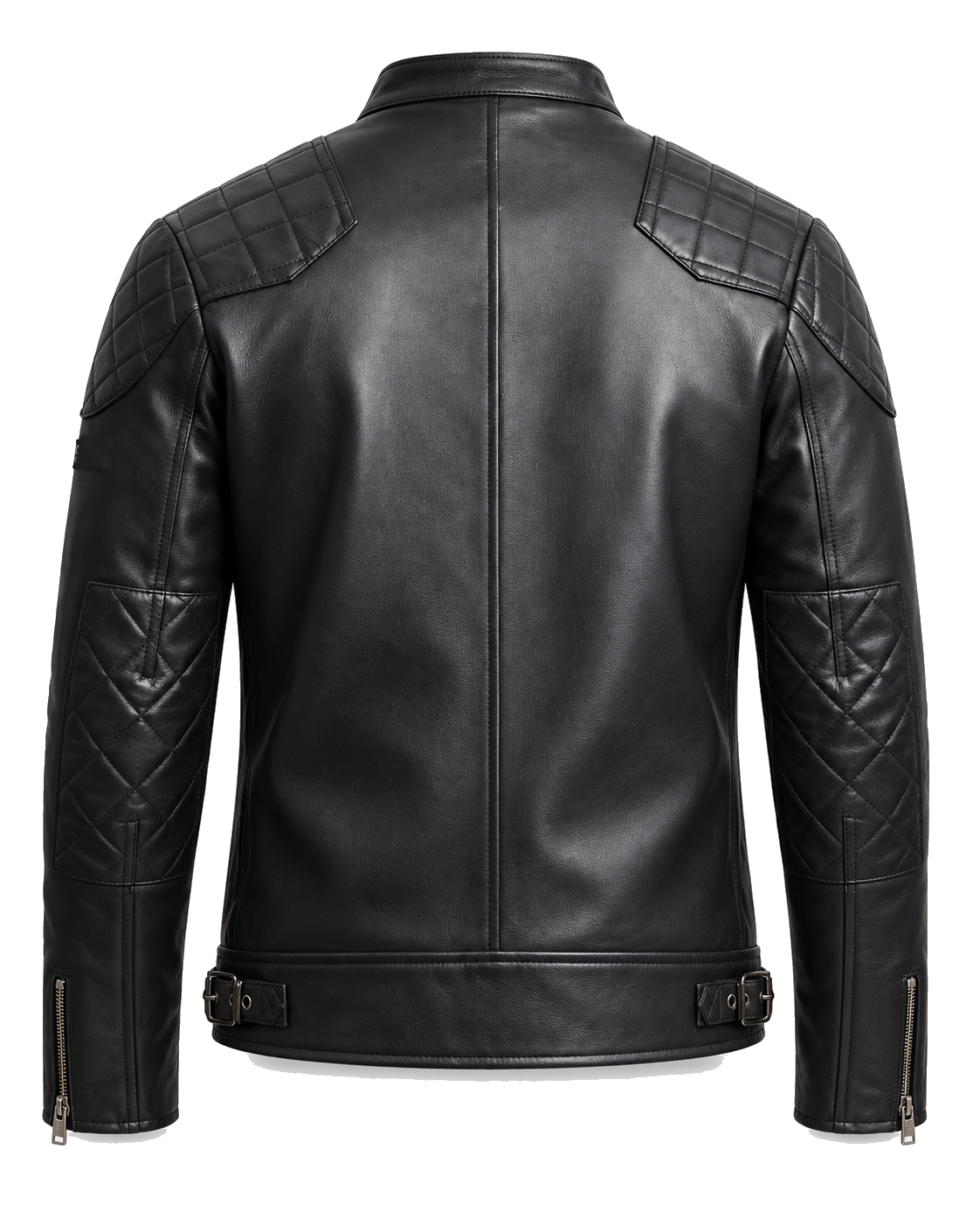 QUIVE London BROMPTON black leather biker jacket, rear view with quilted elbow panels and buckle waist adjusters