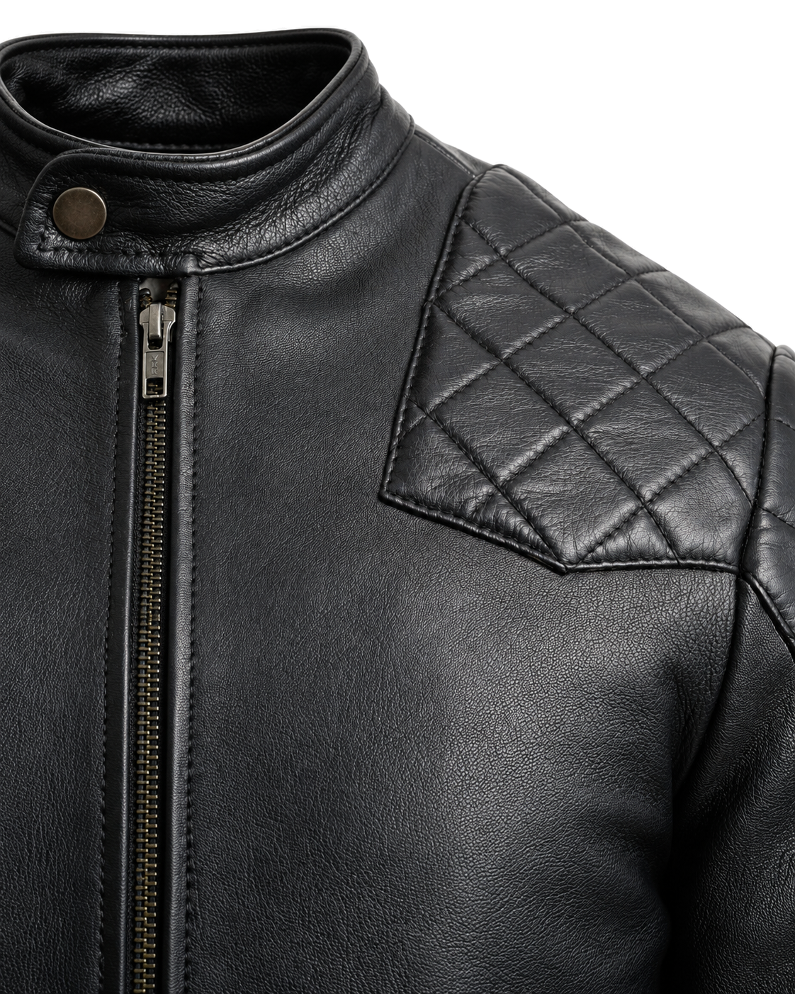 BROMPTON black sheepskin leather jacket close-up showing the snap collar, centre zip and diamond-quilted shoulder