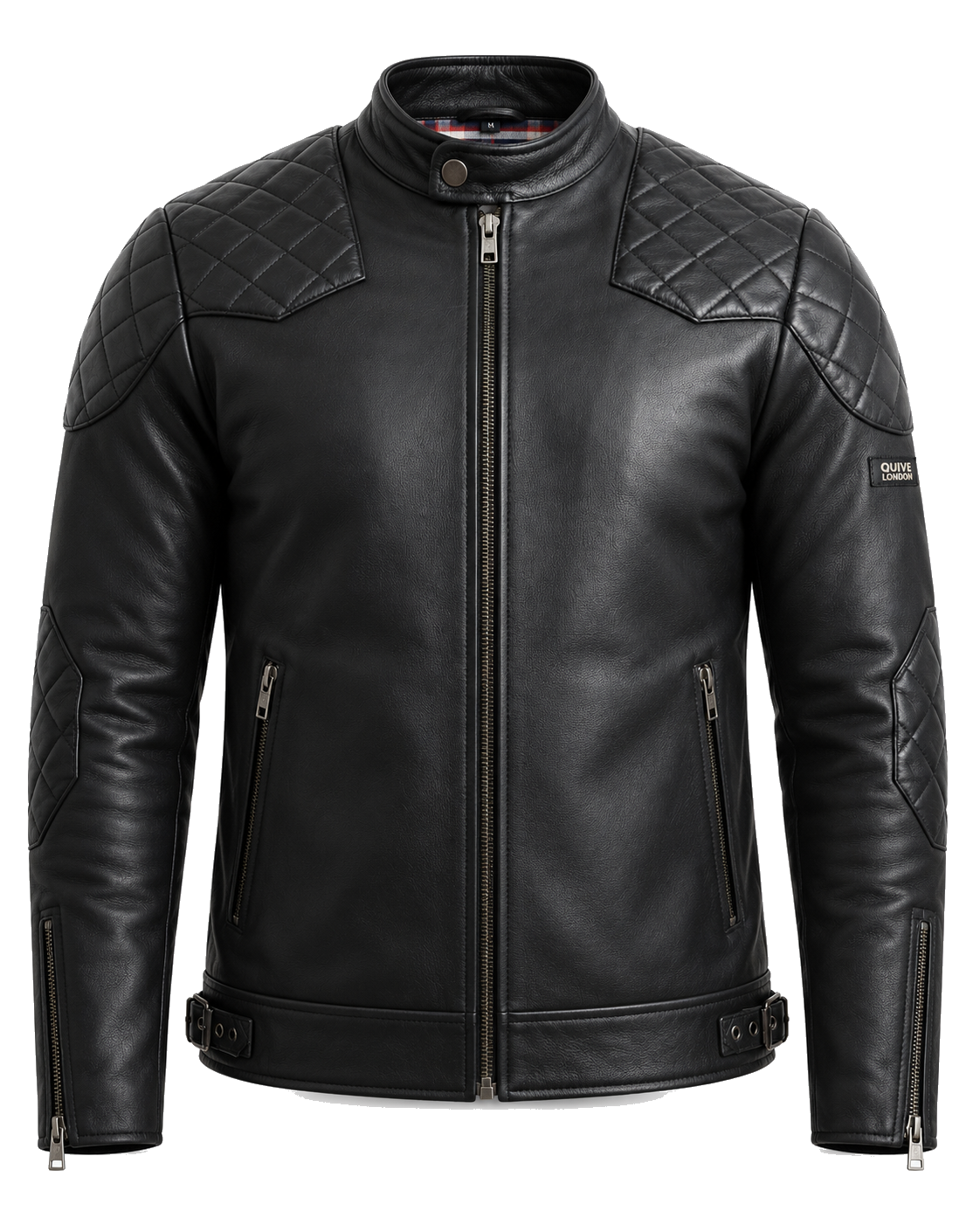 QUIVE London BROMPTON men's black full-grain sheepskin leather biker jacket, front view on pure white