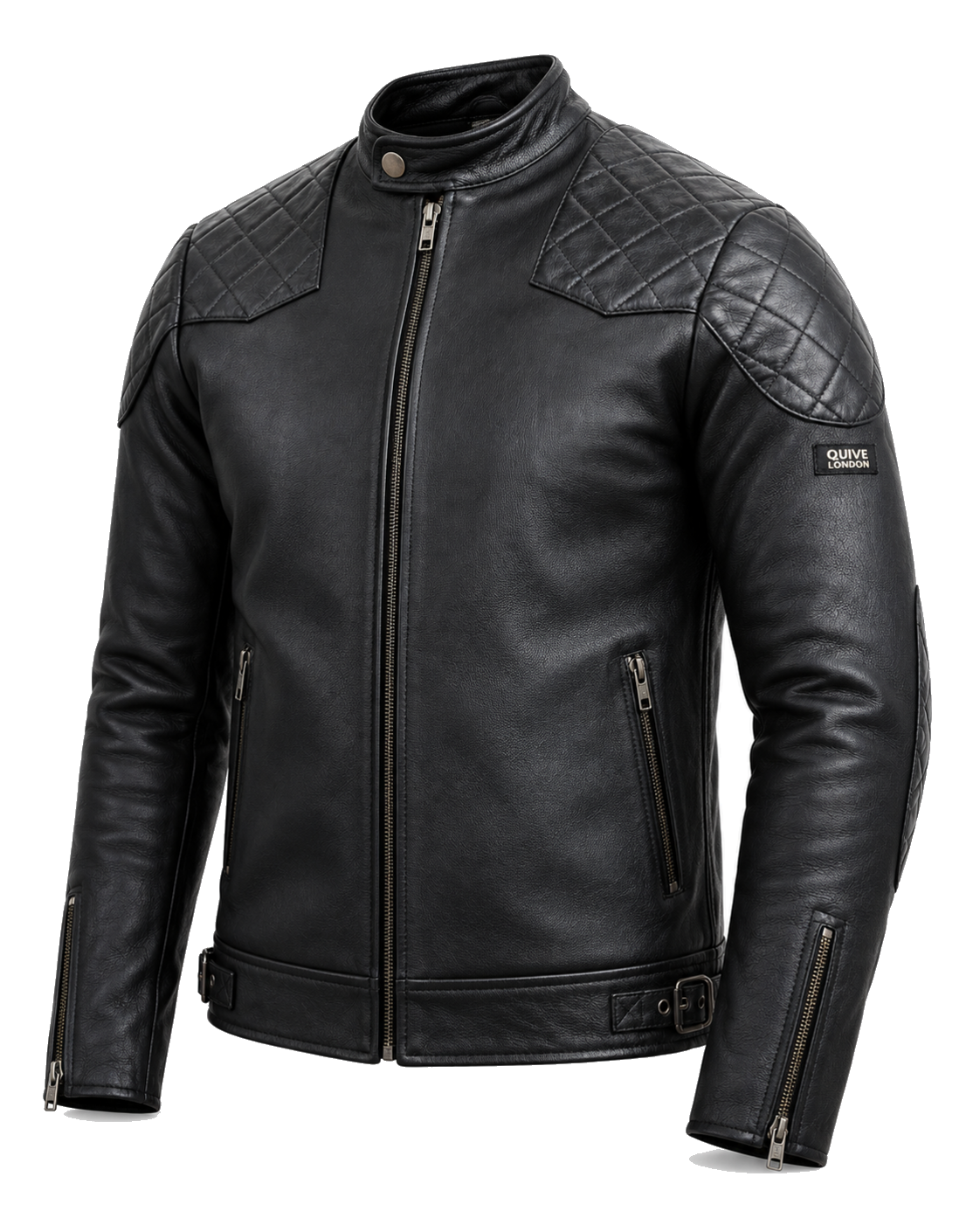 QUIVE London BROMPTON black sheepskin biker jacket, three-quarter view with quilted shoulders and zip pockets