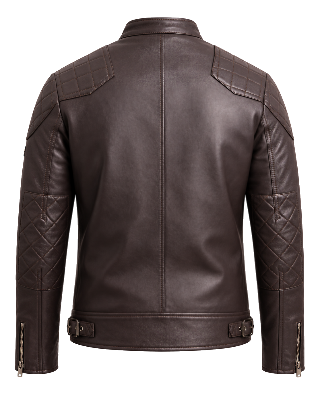 QUIVE London BROMPTON brown leather biker jacket, rear view with quilted elbow panels and buckle waist adjusters