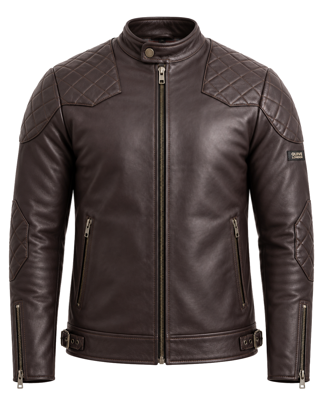 QUIVE London BROMPTON men's brown full-grain sheepskin leather biker jacket, front view on pure white