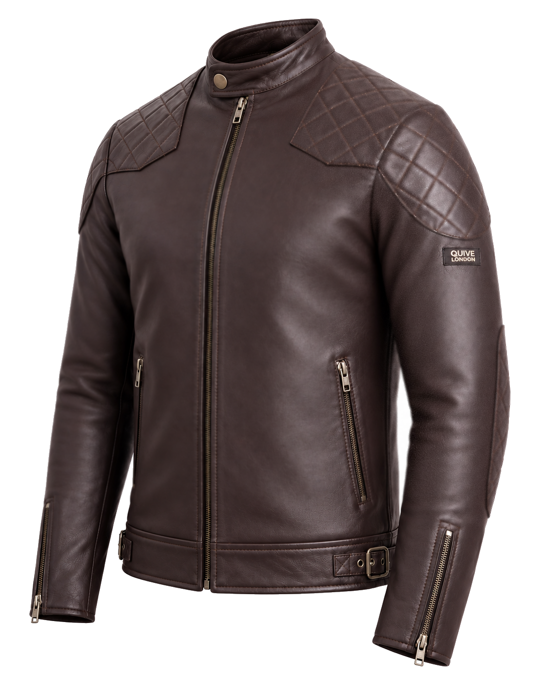 QUIVE London BROMPTON brown sheepskin biker jacket, three-quarter view with quilted shoulder and buckle waist adjuster