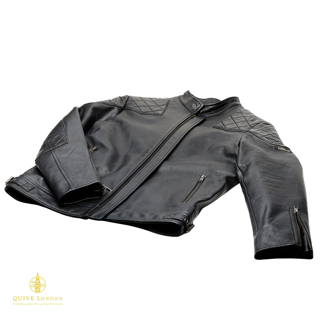 BROMPTON black sheepskin leather biker jacket laid flat